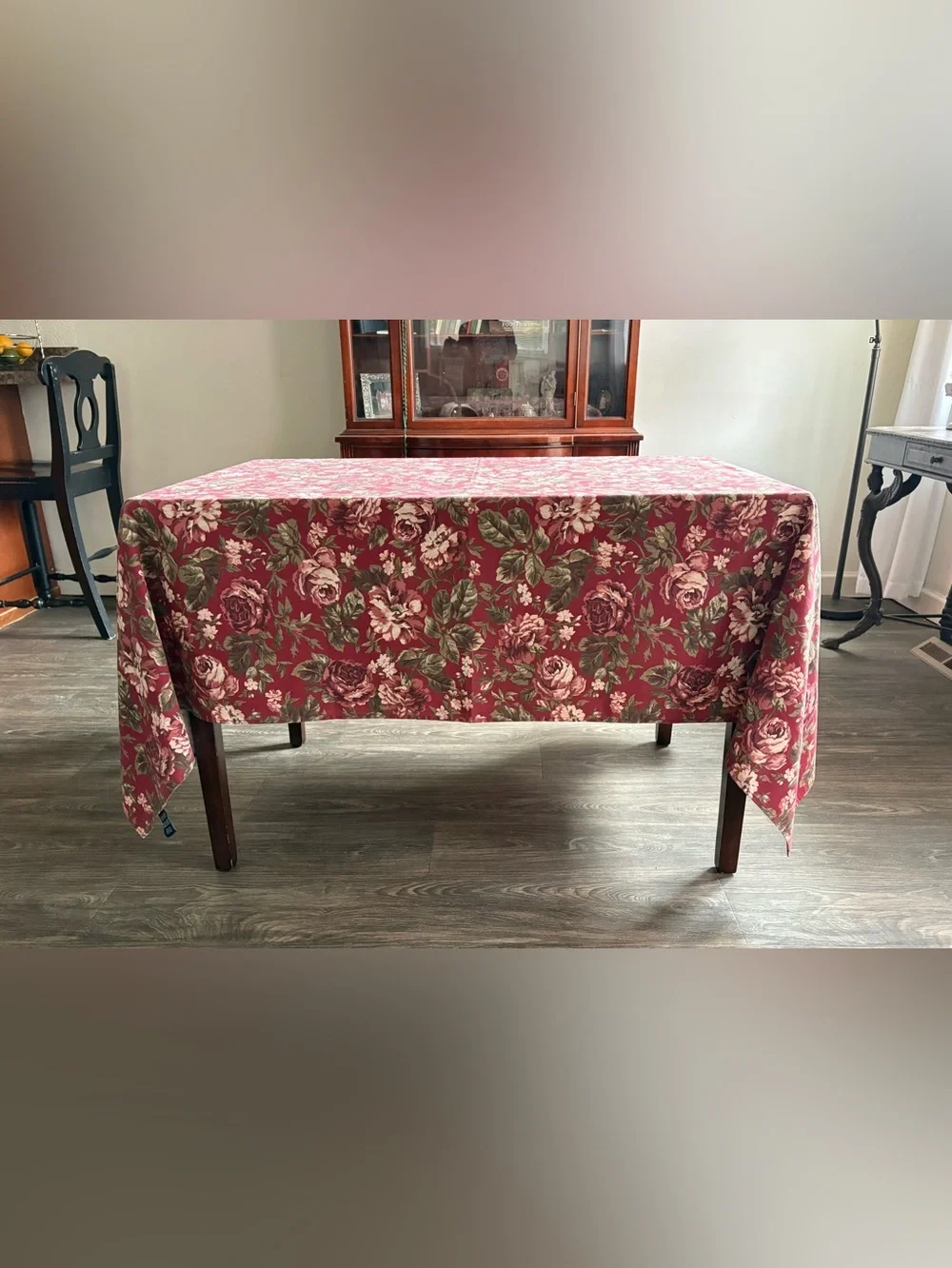 Vintage Tablecloth Chaps Home Pink Roses on Red French Country Cotton 60x82